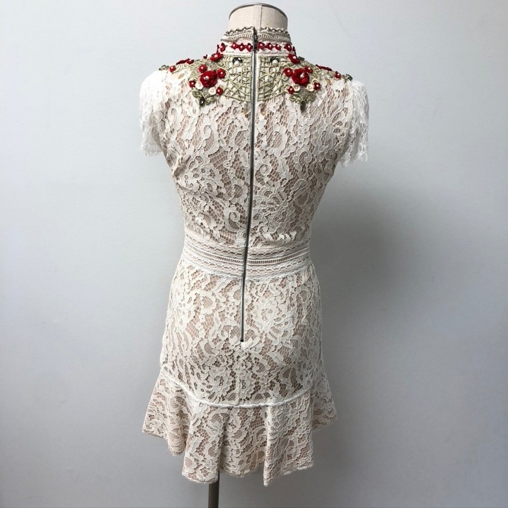 Alice + Olivia Lace Mini Dress Womens 0 White Red Embellished Floral Ruffle - Picture 6 of 11